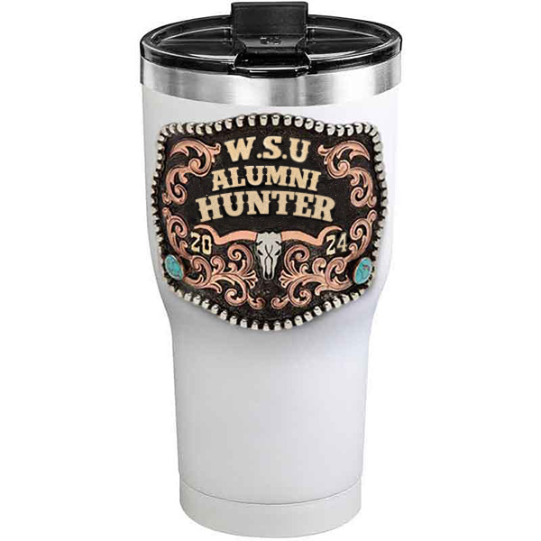 A customized tumbler made of stainless steel with a personalized engraved initials and Alumni Hunter lettering, 30 oz, ideal for coffee or cool drinks